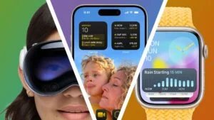 A split image showcasing a person wearing a VR headset, a smartphone displaying widgets and notifications, and a smartwatch with a weather app showing rain forecasted in 15 minutes, set on colorful backgrounds.