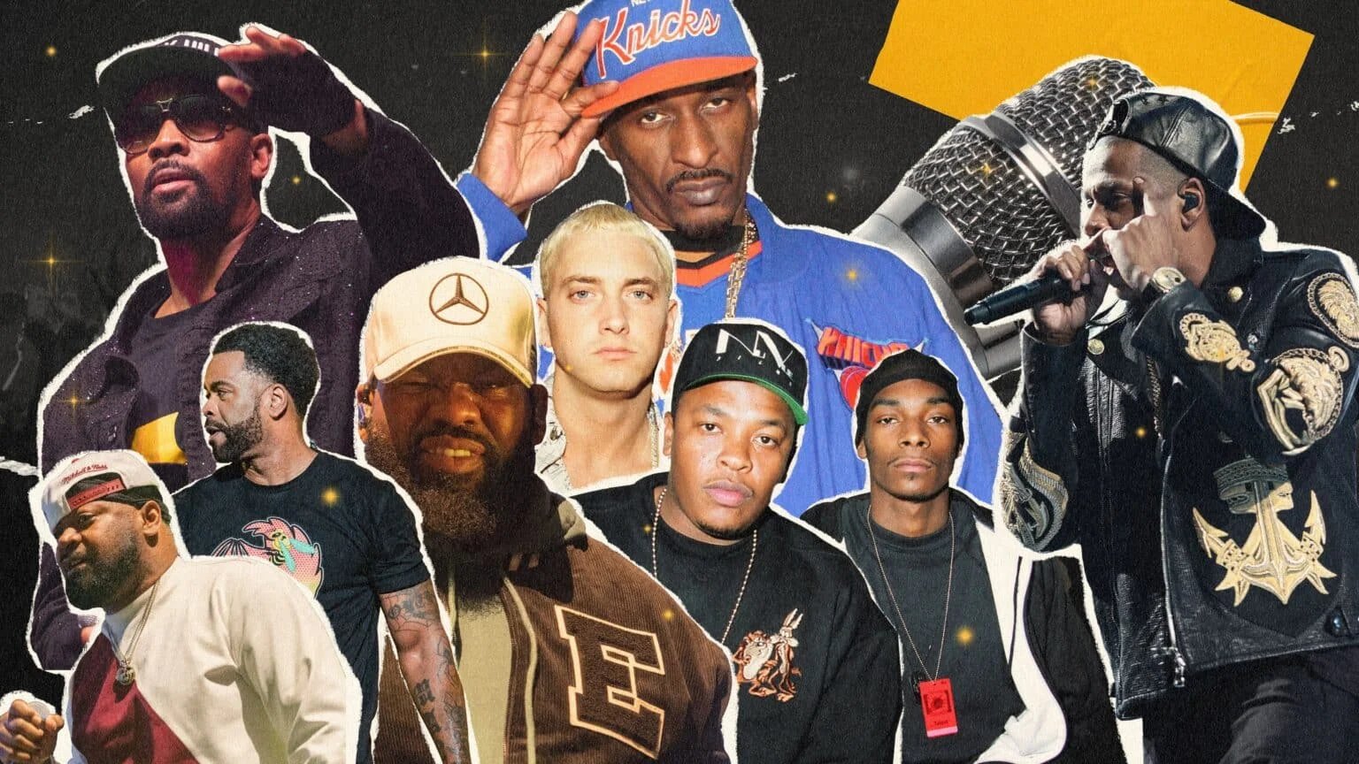 Collage of various hip-hop artists against a dark background with a microphone on the side.