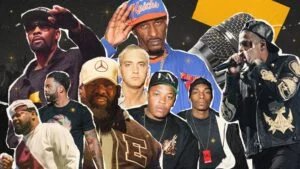 Collage of various hip-hop artists against a dark background with a microphone on the side.