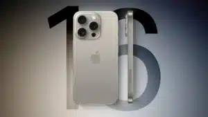 A smartphone with a silver finish shown from the back and side, featuring three camera lenses on a raised module, set against a dark gradient background with the number 16 displayed faintly.