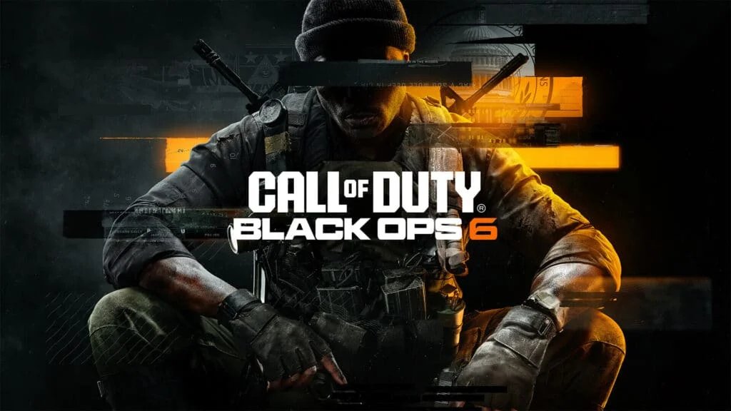 Promotional image for Call of Duty: Black Ops 6 featuring a soldier in tactical gear seated against a dark, fragmented background with bright orange and yellow highlights.