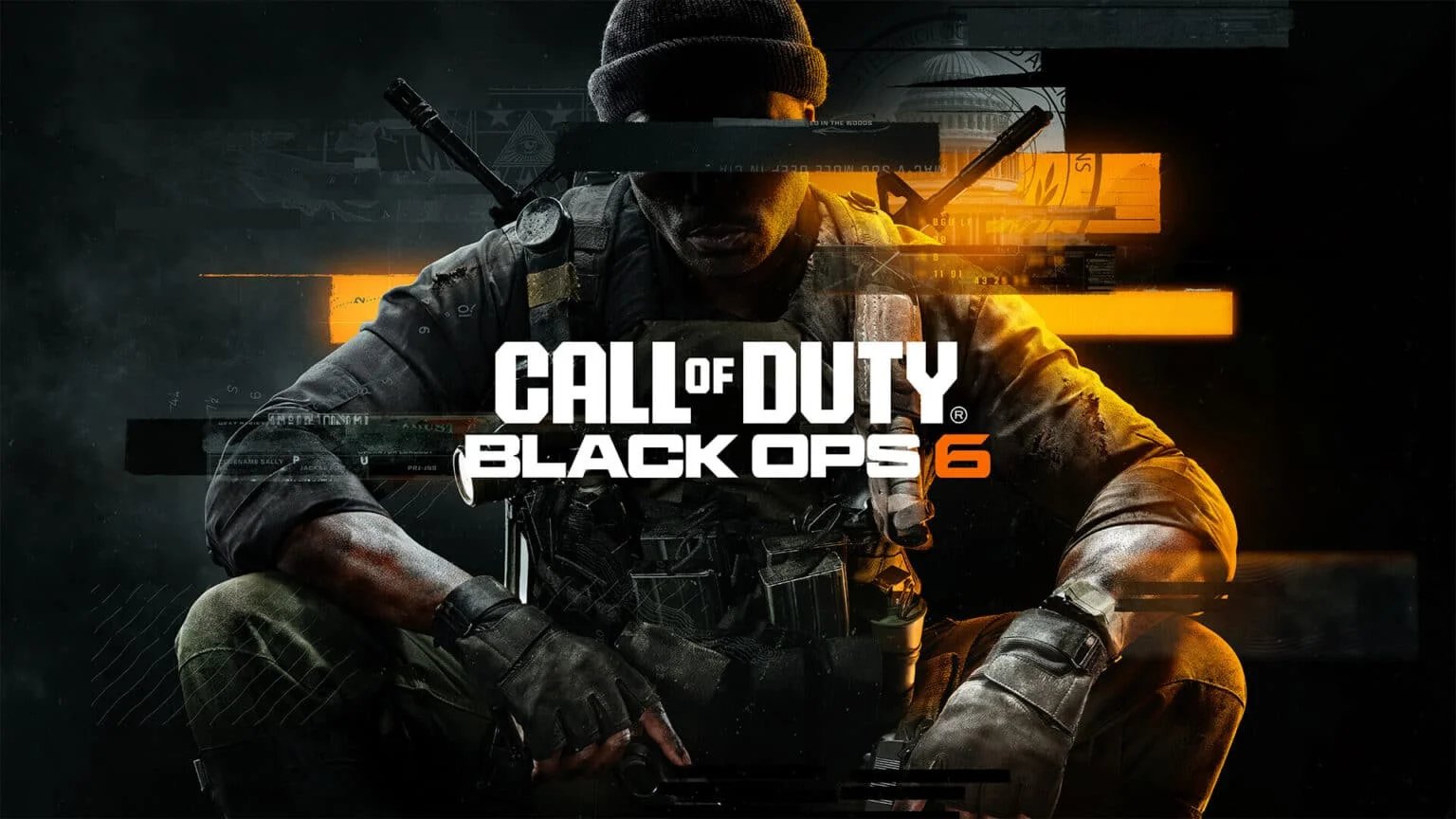 Promotional image for Call of Duty: Black Ops 6 featuring a soldier in tactical gear seated against a dark, fragmented background with bright orange and yellow highlights.