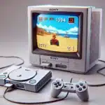 DALL·E 2024 07 27 13.40.51 A photo realistic image showcasing the original PlayStation console from 1994 with a classic CRT television displaying a game from that era