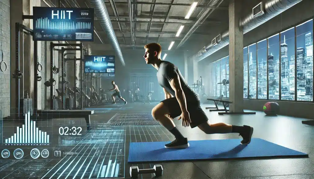 A man performs a lunge exercise on a blue mat in a futuristic gym with digital screens displaying data and the word "HIIT." The gym features large windows with a cityscape view, industrial design elements, and various workout equipment.