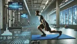 A man performs a lunge exercise on a blue mat in a futuristic gym with digital screens displaying data and the word "HIIT." The gym features large windows with a cityscape view, industrial design elements, and various workout equipment.