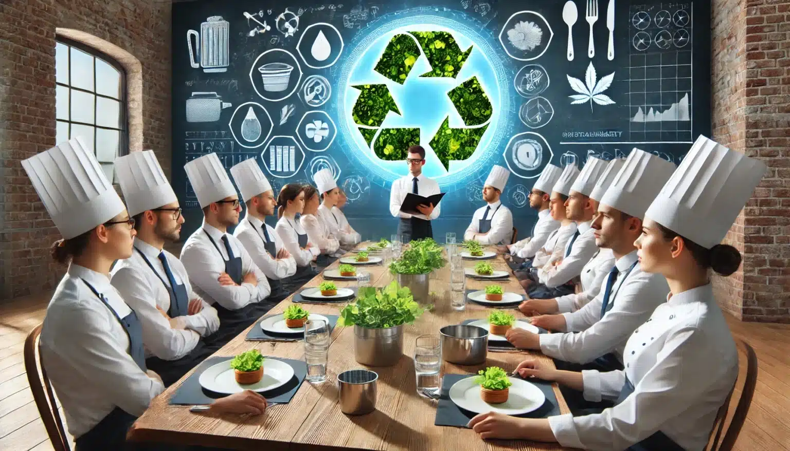 A group of chefs wearing white uniforms and hats sit around a long wooden table with plates of salad and glasses of water. A person at the head of the table holds a book. Behind them is a chalkboard with a large recycling symbol surrounded by various eco-friendly and culinary icons.