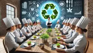 A group of chefs wearing white uniforms and hats sit around a long wooden table with plates of salad and glasses of water. A person at the head of the table holds a book. Behind them is a chalkboard with a large recycling symbol surrounded by various eco-friendly and culinary icons.