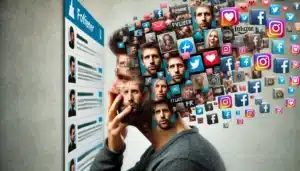 A conceptual image of a man with a fragmented head made up of various social media icons and profile images, depicting the digital influence and presence on his identity. He is gazing at a digital profile interface on a wall, symbolizing the impact of social media on personal identity.