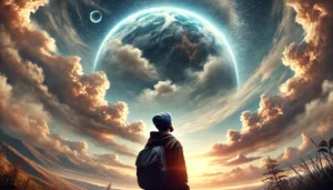 A person with a backpack and a beanie gazes at a large planet in the sky, surrounded by dramatic clouds and a vibrant sunset, creating a surreal, atmospheric scene.