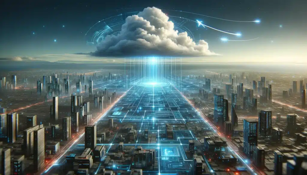 A futuristic cityscape with tall, illuminated skyscrapers. A glowing digital grid extends across the ground, and a large, illuminated cloud hovers above, with beams of light connecting the city to the sky, suggesting advanced technology or cloud computing.