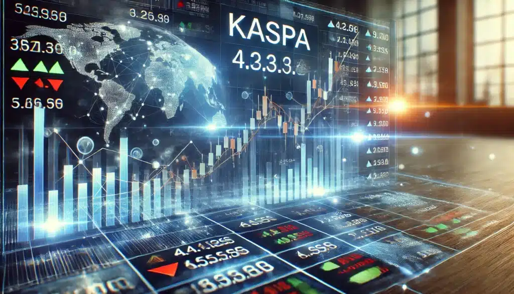 A futuristic financial dashboard displaying digital data, graphs, and numbers, with a world map and the word 'KASPA' visible. Illuminated lines and bar charts suggest a dynamic and analytical stock market or cryptocurrency environment.