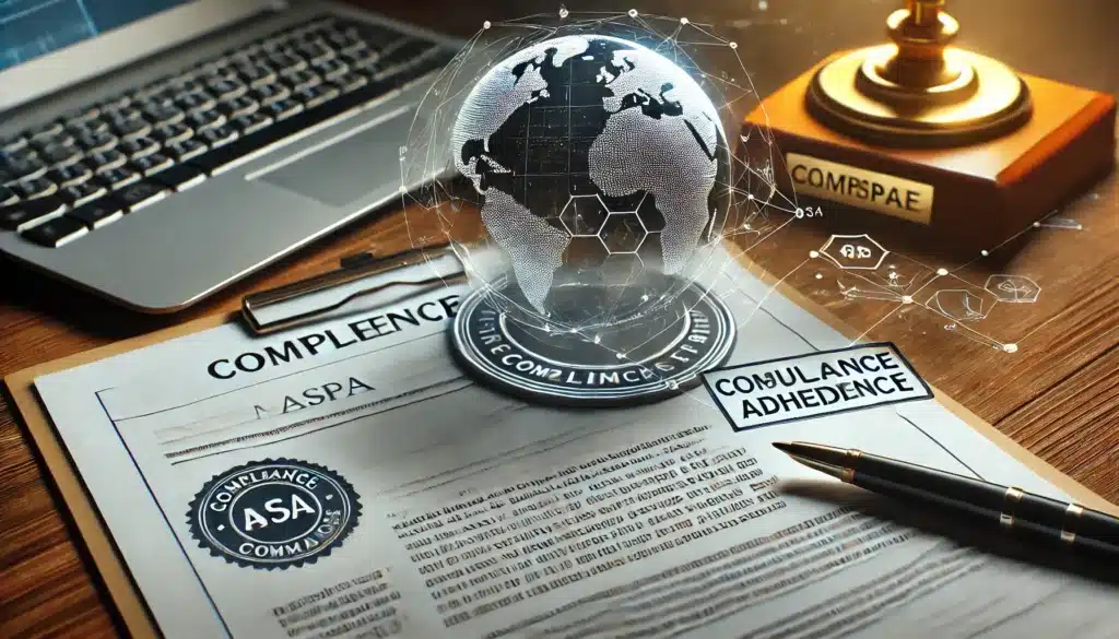 A desk with a laptop, documents labeled 'COMPLEENCE' and 'COMPLIANCE ADHERENCE,' a pen, and a globe hologram displaying connected continents, symbolizing global compliance. A seal marked 'ASA' and a gavel labeled 'COMSPAE' are also visible.