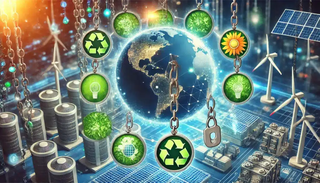 A digital representation of Earth surrounded by green energy icons and chains, with a backdrop of wind turbines, solar panels, and futuristic city architecture, symbolizing renewable energy and sustainability.