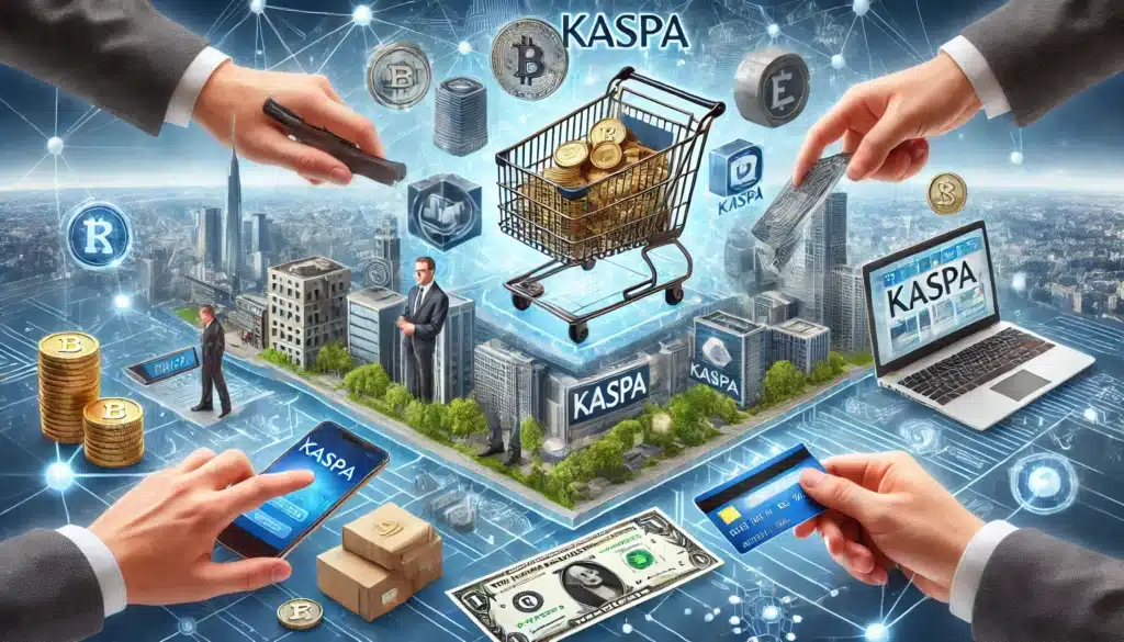 A digital collage depicting a futuristic financial landscape with the word 'KASPA'. It features various cryptocurrency symbols, a shopping cart filled with coins, hands holding credit cards and a smartphone, and a cityscape with digital elements connecting them. The central theme revolves around digital currency and transactions.