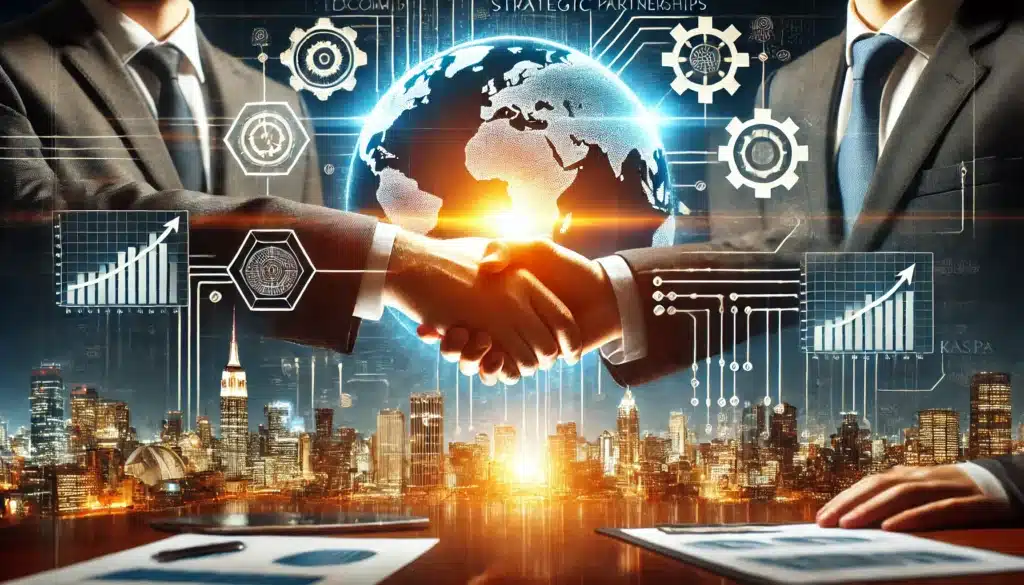 Two individuals in suits shaking hands with a digital globe and city skyline in the background, overlaid with graphics of gears and rising graphs, symbolizing strategic business partnerships and growth.