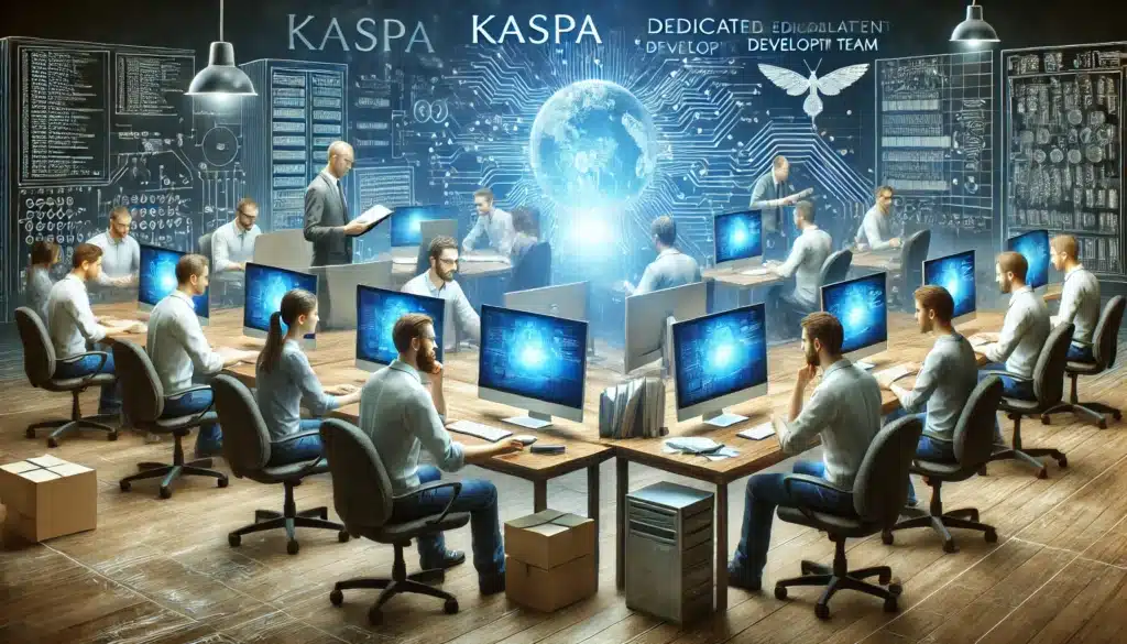 A digital artwork depicting a team of programmers working at computer stations in a futuristic office with illuminated screens and a virtual globe on a large display. The space is filled with coding and digital imagery on the walls, including a circuit board design and the words 'KASPA' and 'Dedicated Developer Team.' Several people are seated at desks, focused on their work, with a mix of men and women in casual business attire.