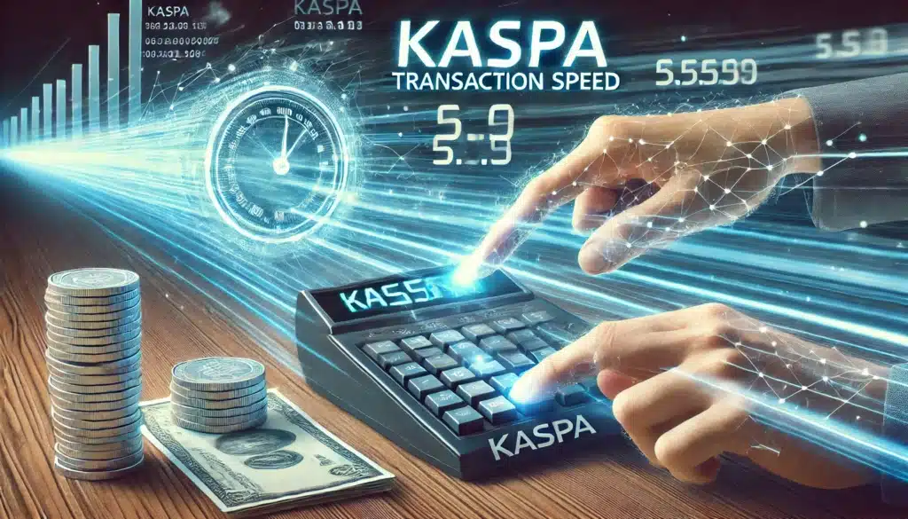 A digital representation of high-speed financial transactions featuring a calculator with 'KASPA' on its display, glowing indicators, floating coins, a dollar bill, and graphs in the background suggesting rapid data flow.