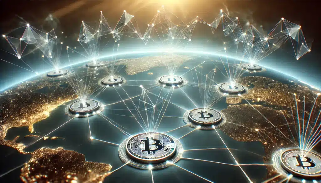A digital representation of a globe with Bitcoin symbols distributed across, connected by network lines, symbolizing cryptocurrency networks and global digital finance.