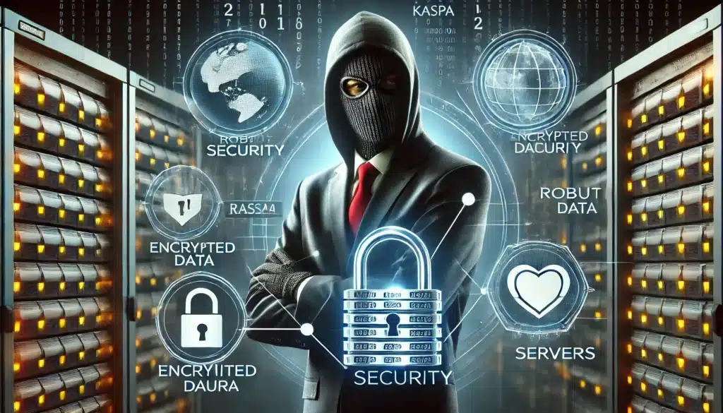 A hooded figure in a suit stands with arms crossed in a digital setting, surrounded by visual elements like a globe, lock icons, and the words 'Security,' 'Encrypted Data,' 'Servers,' and more, against a backdrop of server racks with glowing lights.