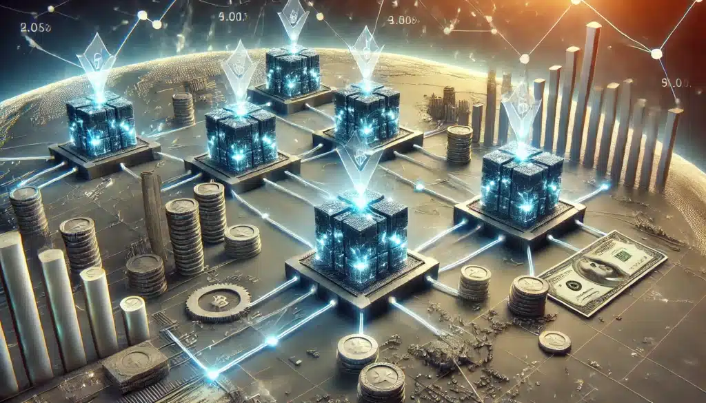 Futuristic digital art depicting interconnected blocks with glowing circuits, surrounded by coins, dollar bills, and bar graphs, symbolizing a blockchain financial network.
