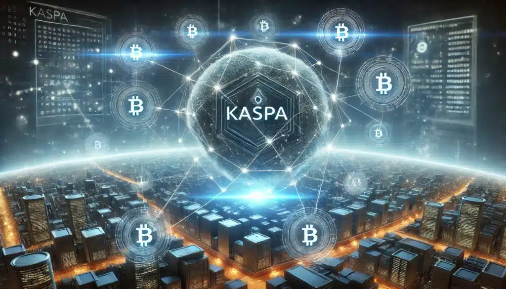 A futuristic digital cityscape with a large globe at the center displaying the word 'KASPA,' surrounded by interconnected Bitcoin symbols, symbolizing cryptocurrency and blockchain technology.