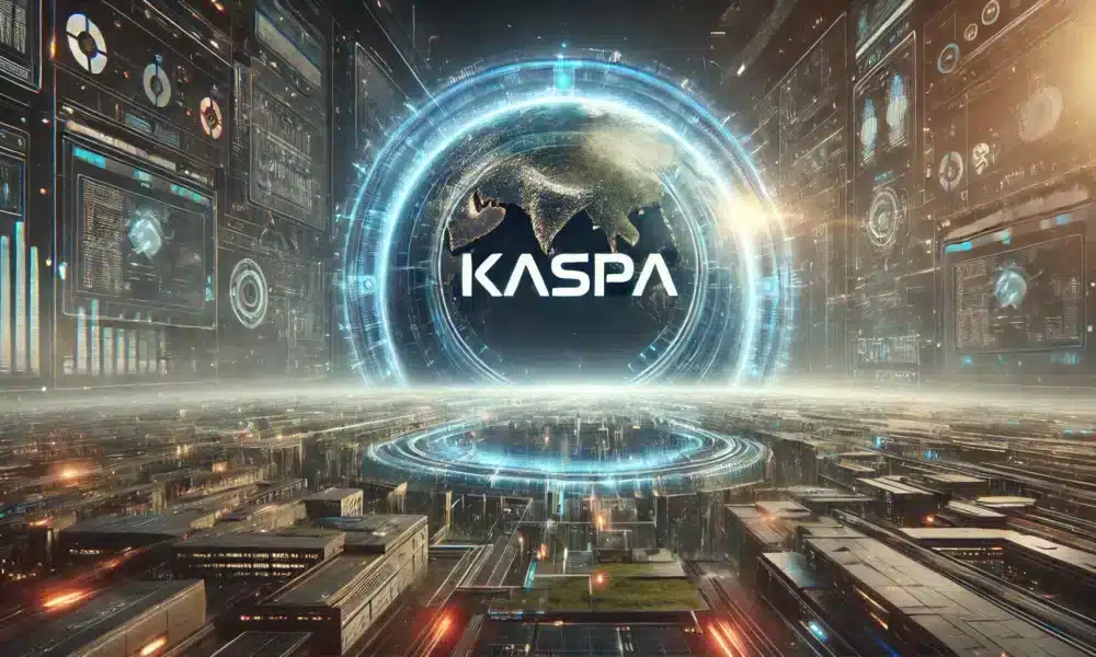 DALL·E 2024 07 14 13.33.02 A photo realistic image of a futuristic digital landscape symbolizing the future potential of KASPA with planned updates and expansions. The KASPA lo
