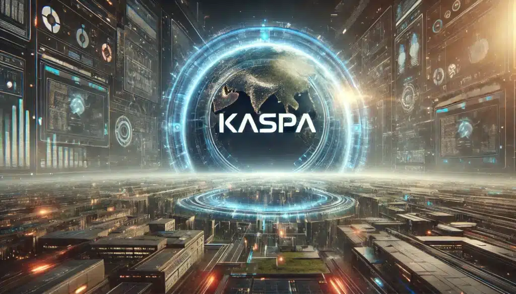 A futuristic digital landscape with the word 'KASPA' prominently displayed in the center of a glowing virtual sphere, reminiscent of a globe, surrounded by intricate circuitry and data interfaces.