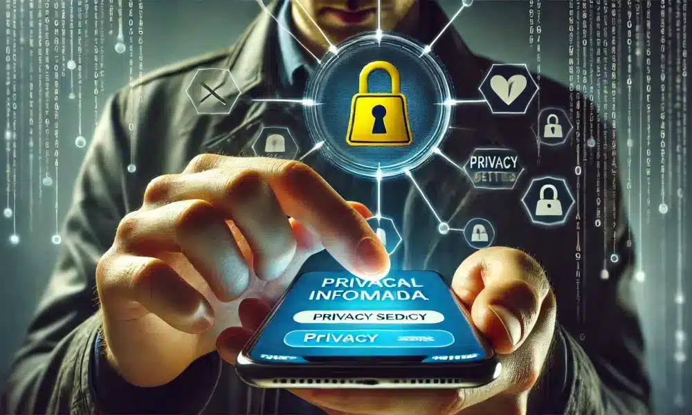 DALL·E 2024 07 16 18.29.35 A photo realistic image of a person being cautious while sharing personal information on social media with a focus on privacy settings