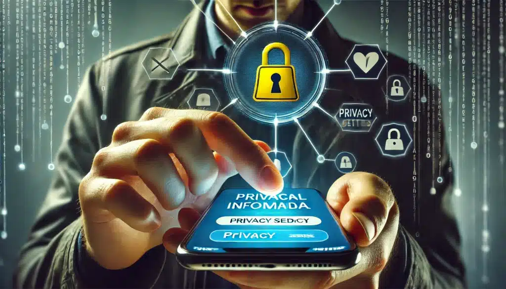 A person taps on a smartphone screen displaying the word 'PRIVACY' among other text. In the background, a glowing padlock icon and digital binary code suggest a theme of cybersecurity and data protection.