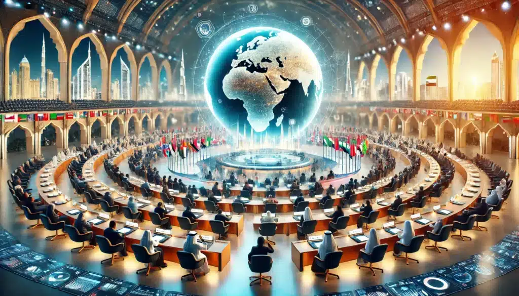 A grand conference hall with delegates seated in circular rows facing a large holographic globe at the center, surrounded by flags of different nations. The hall features arches and a cityscape visible through windows, suggesting an international setting.