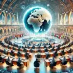 DALL·E 2024 07 18 11.07.06 A photo realistic image of an international conference or global event being hosted in the UAE featuring a large conference hall with attendees from