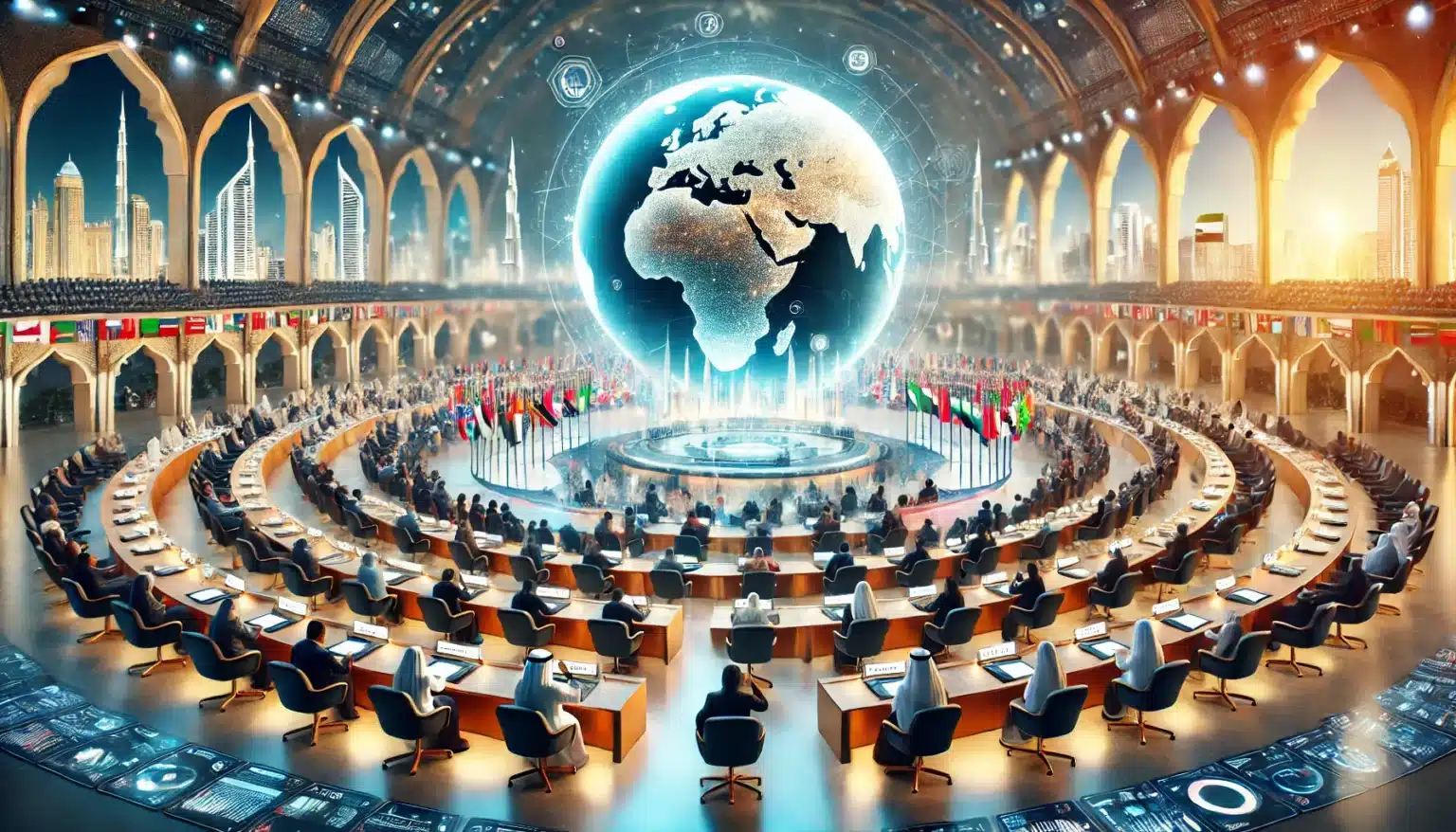 A grand conference hall with delegates seated in circular rows facing a large holographic globe at the center, surrounded by flags of different nations. The hall features arches and a cityscape visible through windows, suggesting an international setting.