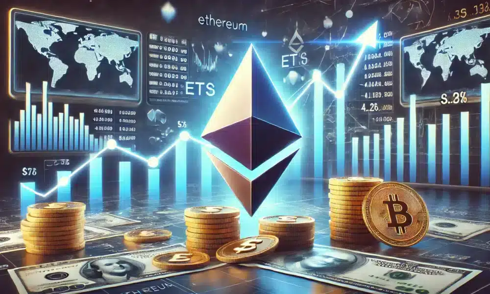 DALL·E 2024 07 22 14.00.26 A photo realistic image of the Ethereum logo with an upward financial chart symbolizing the potential for Ethereum ETFs to make millions. Include dig