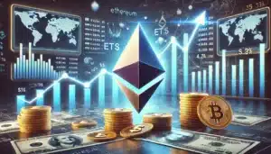 A digital composition featuring a large Ethereum symbol with stacks of Bitcoin and dollar coins in the foreground, surrounded by financial graphs, world maps, and cryptocurrency symbols in the background, illustrating the global nature of digital currencies and market dynamics.