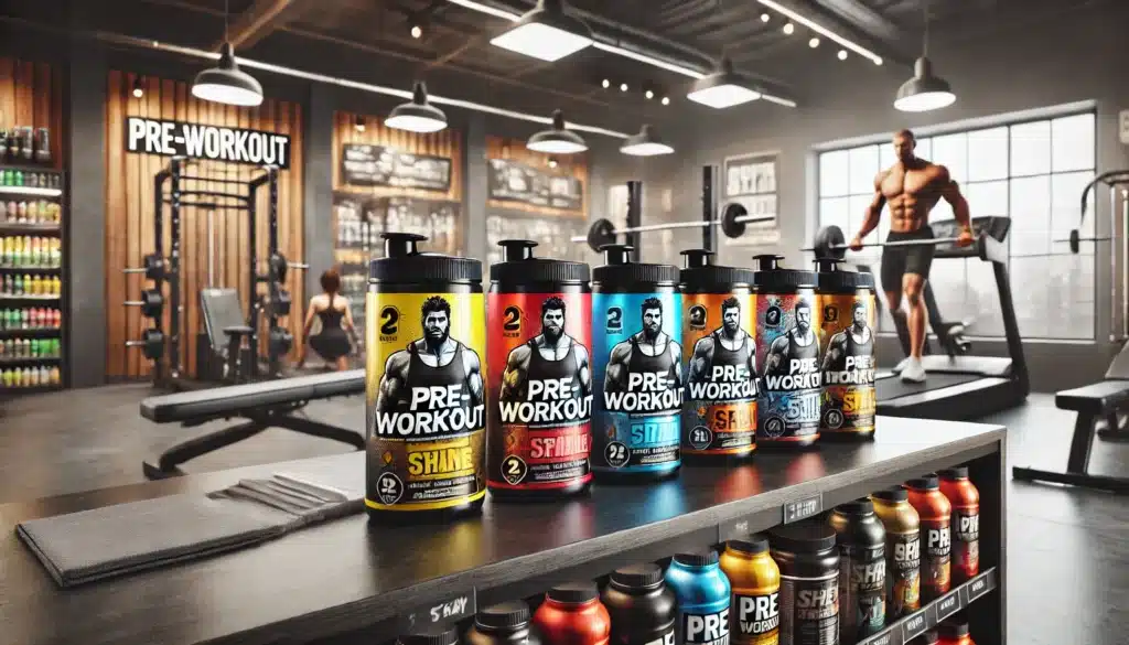 A row of pre-workout supplement bottles with various labels lined up on a shelf in a gym, with exercise equipment and a person working out in the background.