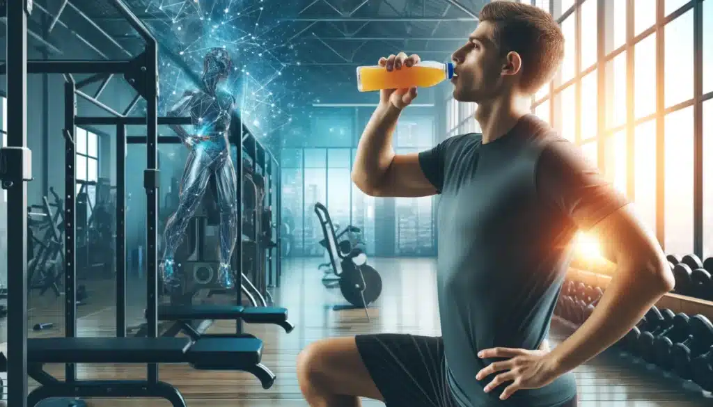 A man in athletic attire kneels in a gym, drinking from a sports bottle, while a digital humanoid figure composed of networks and nodes appears nearby, symbolizing futuristic technology.