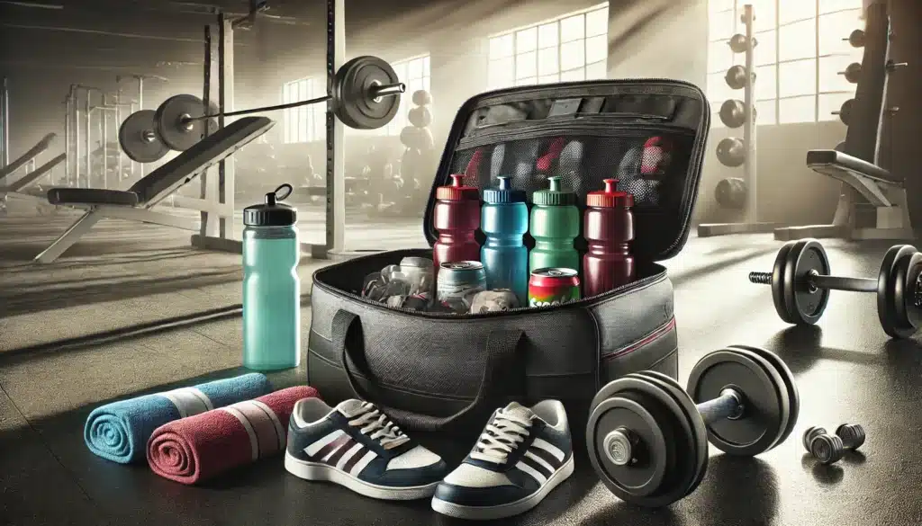 A gym environment featuring a duffel bag open to reveal several colorful water bottles and energy drinks. In front of the bag, there are a pair of athletic shoes, two rolled towels, and a larger water bottle. To the right, there are dumbbells of various sizes on the floor. Exercise equipment and weightlifting benches are visible in the background.