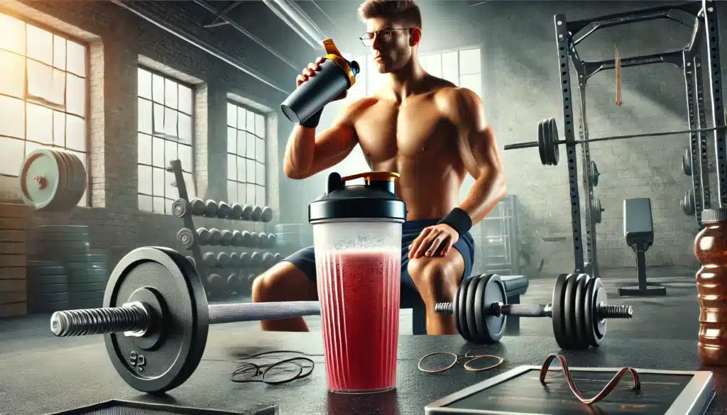 A muscular man drinking from a shaker bottle, sitting on a gym bench surrounded by weights and exercise equipment, with a focus on a red drink in a transparent shaker in the foreground.