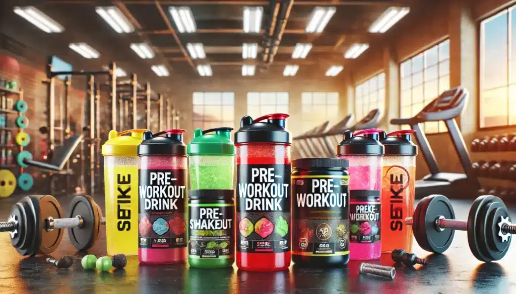 Various pre-workout drink containers and supplement jars arranged on a gym table, with dumbbells and exercise equipment visible in the background.