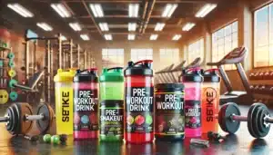 Various pre-workout drink containers and supplement jars arranged on a gym table, with dumbbells and exercise equipment visible in the background.