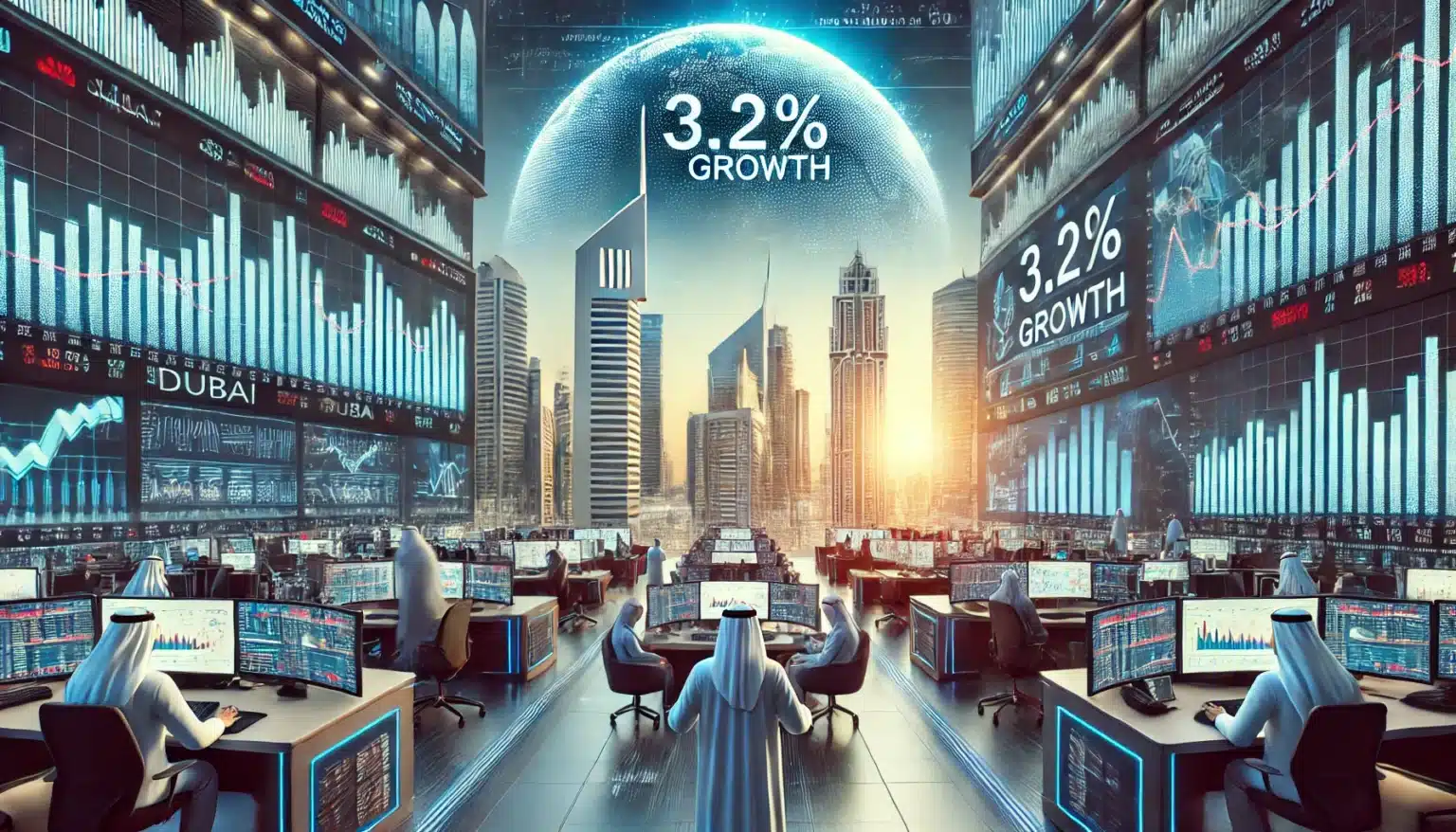 A trading floor filled with people working at computer stations and large digital screens displaying financial graphs and the text "3.2% Growth," with a city skyline and planet Earth in the background.