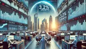 A trading floor filled with people working at computer stations and large digital screens displaying financial graphs and the text "3.2% Growth," with a city skyline and planet Earth in the background.