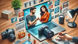 Digital artwork depicting a creative workspace with a laptop showing a handshake between a man and a woman. The scene includes cameras, camera lenses, social media logos, and a hand sketching in a notebook. A desk lamp and small decor items complete the setting.