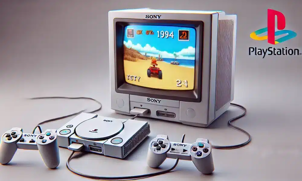 DALL·E 2024 07 27 13.40.51 A photo realistic image showcasing the original PlayStation console from 1994 with a classic CRT television displaying a game from that era