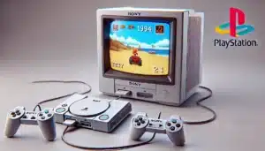 A retro setup featuring a Sony PlayStation console with two controllers, connected to an old-style Sony CRT monitor displaying a racing game. The PlayStation logo is visible on the monitor, and the screen shows a dune buggy racing on a beach. The controllers are white with familiar PlayStation button icons.