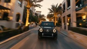 A black Mercedes-Benz SUV driving down a palm-lined street at sunset, with blurred motion indicating speed.