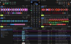 A screenshot of Traktor Pro 4 DJ software interface displaying four decks with waveform displays, track titles, sync indicators, and mixing controls. The track collection and playlist are visible at the bottom, showing various song details like title, artist, and BPM (beats per minute).