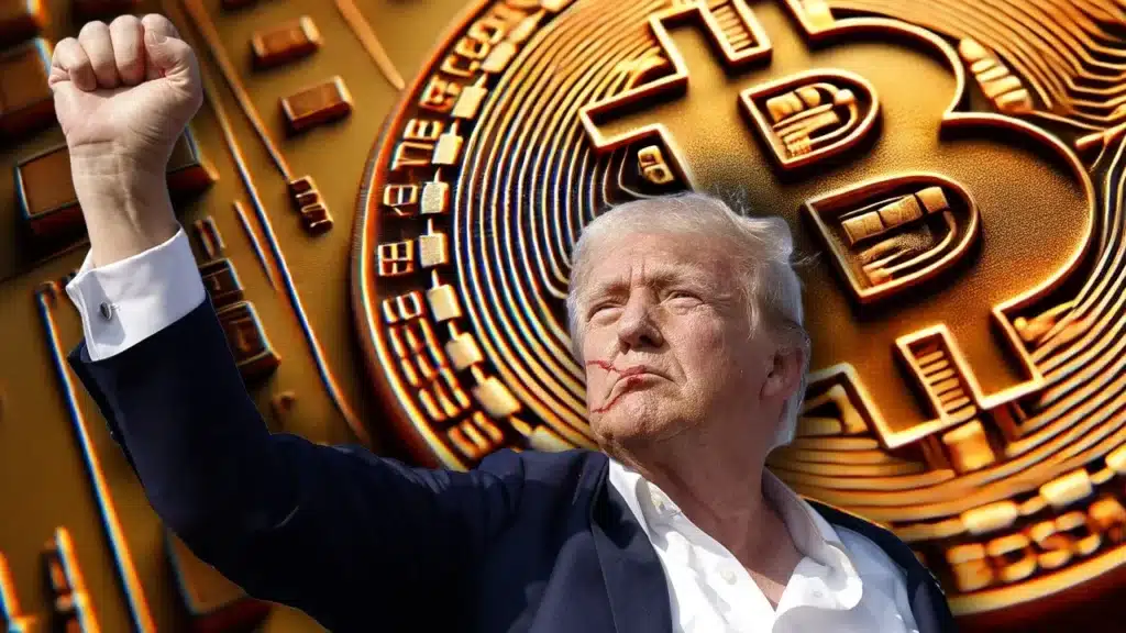 A man with a raised fist is set against a large, stylized bitcoin symbol background.