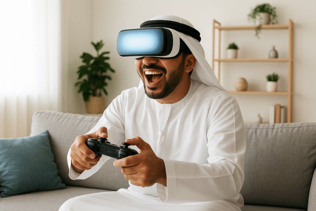 A man wearing a white traditional thobe and a virtual reality headset, sitting on a couch and smiling while holding a gaming controller, with a modern decor in the background.