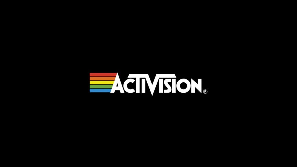 Activision logo featuring the company name in white with a retro-inspired rainbow stripe on a black background.